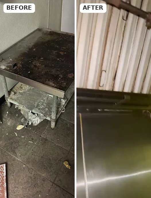 Restaurant kitchen before and after a Milu commercial clean